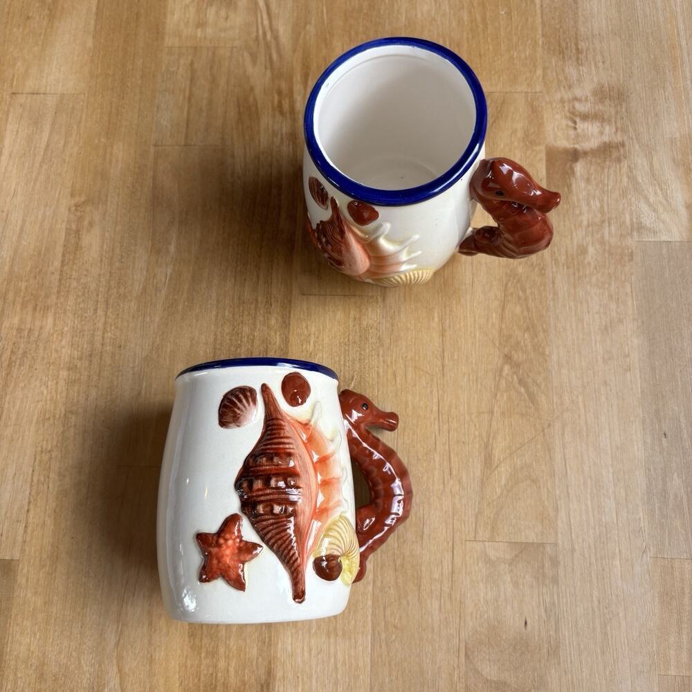 3D Sea Horse Mug Cups Set Of 2 Ocean Theme Retro Mexican coffee Boho Beach Vibe - Picture 2 of 12